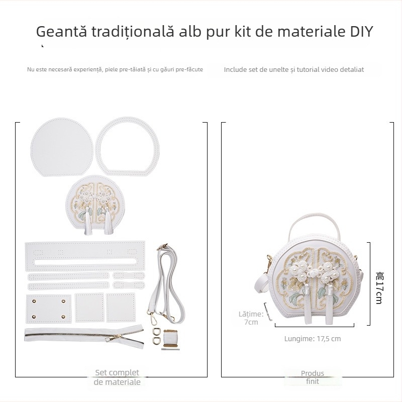 Geantă rotundă brodată din PU - fermoar, buzunar pentru telefon, accesorii Hanfu