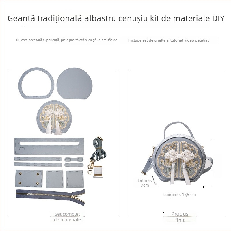 Geantă rotundă brodată din PU - fermoar, buzunar pentru telefon, accesorii Hanfu