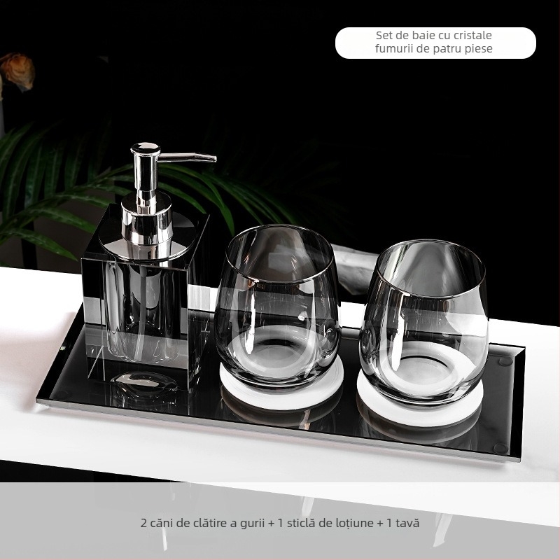 Set de accesorii baie din sticlă cristal, stil lux ușor, Microonica, include suport pentru periuta de dinți, tavă, cutie pentru bețișoare de bumbac, borcan pentru ață dentară, pahar pentru clătire