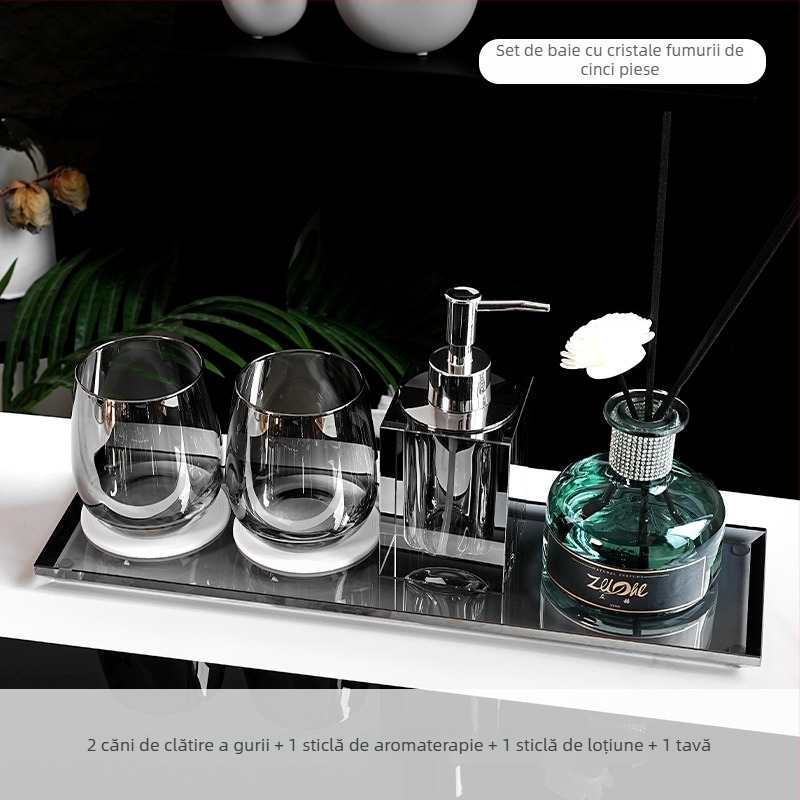 Set de accesorii baie din sticlă cristal, stil lux ușor, Microonica, include suport pentru periuta de dinți, tavă, cutie pentru bețișoare de bumbac, borcan pentru ață dentară, pahar pentru clătire