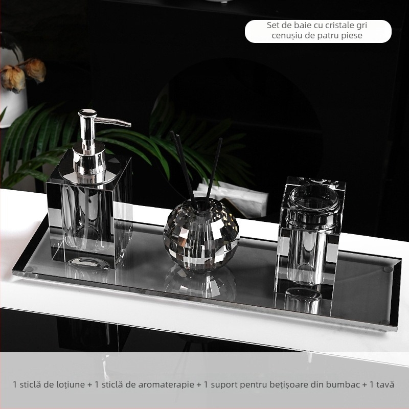 Set de accesorii baie din sticlă cristal, stil lux ușor, Microonica, include suport pentru periuta de dinți, tavă, cutie pentru bețișoare de bumbac, borcan pentru ață dentară, pahar pentru clătire