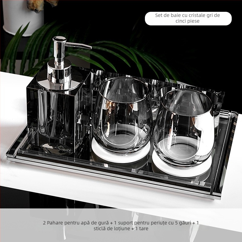 Set de accesorii baie din sticlă cristal, stil lux ușor, Microonica, include suport pentru periuta de dinți, tavă, cutie pentru bețișoare de bumbac, borcan pentru ață dentară, pahar pentru clătire
