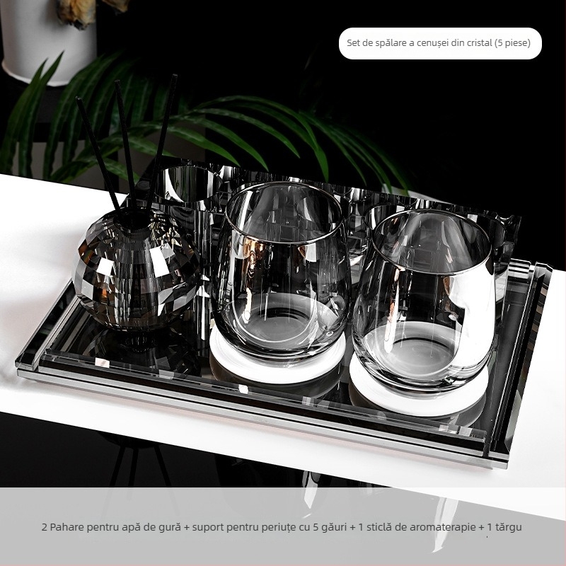 Set de accesorii baie din sticlă cristal, stil lux ușor, Microonica, include suport pentru periuta de dinți, tavă, cutie pentru bețișoare de bumbac, borcan pentru ață dentară, pahar pentru clătire