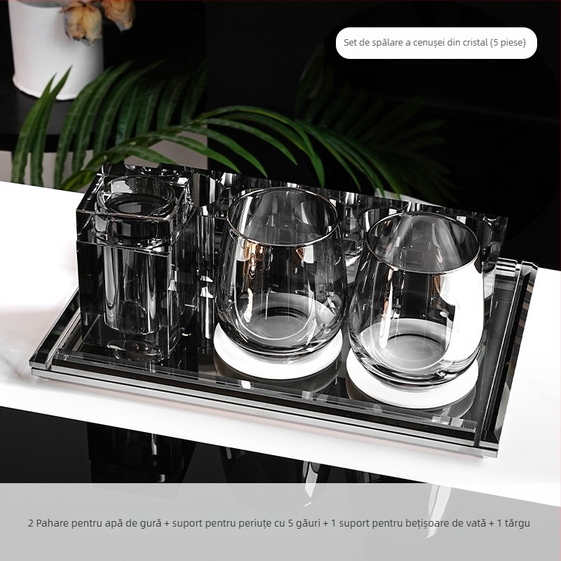 Set de accesorii baie din sticlă cristal, stil lux ușor, Microonica, include suport pentru periuta de dinți, tavă, cutie pentru bețișoare de bumbac, borcan pentru ață dentară, pahar pentru clătire