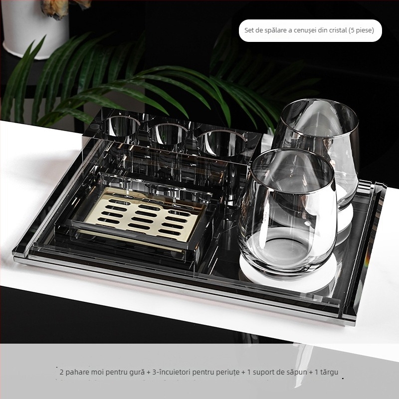 Set de accesorii baie din sticlă cristal, stil lux ușor, Microonica, include suport pentru periuta de dinți, tavă, cutie pentru bețișoare de bumbac, borcan pentru ață dentară, pahar pentru clătire