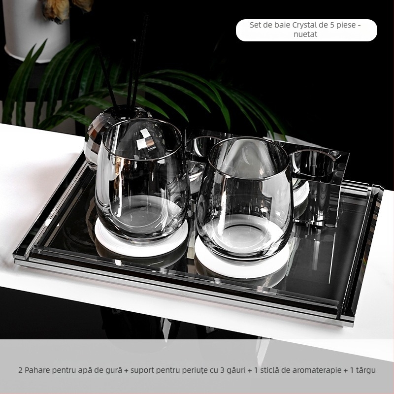 Set de accesorii baie din sticlă cristal, stil lux ușor, Microonica, include suport pentru periuta de dinți, tavă, cutie pentru bețișoare de bumbac, borcan pentru ață dentară, pahar pentru clătire