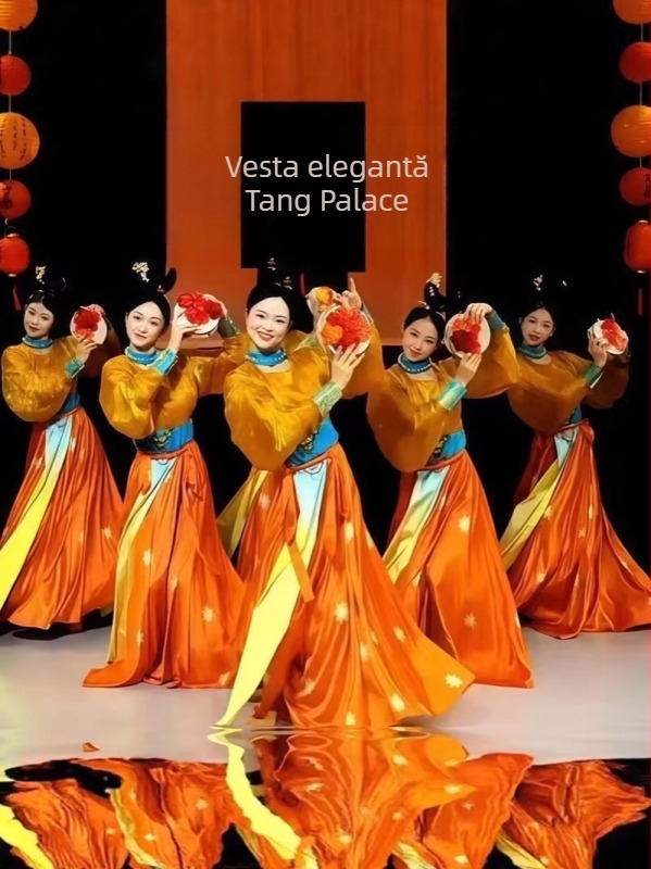 Rochie de dans în stil chinezesc din Dinastia Tang, broderie, țesătură Modal cu amestec păr de iepure și poliester, fustă amplă