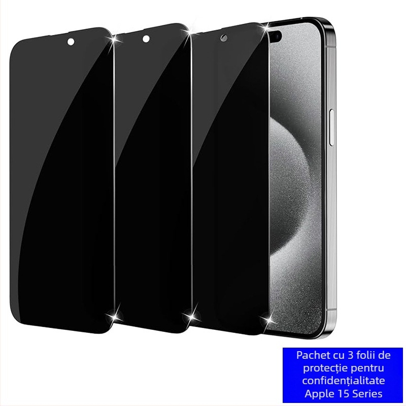 Protector de ecran frontal pentru iPhone 15 Pro Max – sticlă temperată, anti-spionaj, claritate HD, rezistent la șocuri