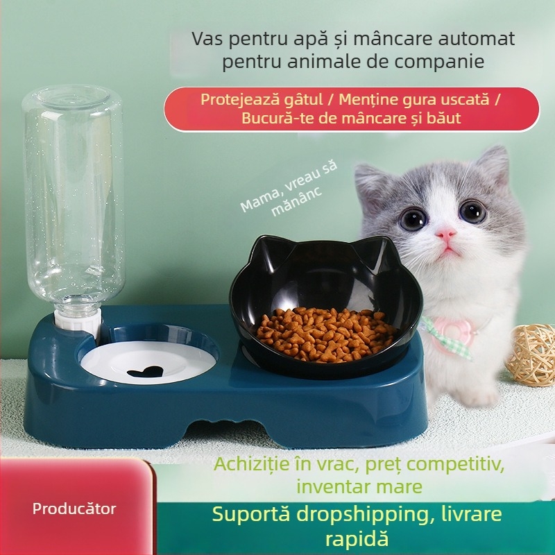 Distribuitor automat pentru apă și mâncare pentru animale de companie (pisici și câini); bol cu protecție pentru gât; ABS; set complet de alimentare automată; Greutate ~250 g; Brand Taiguang; Ambalare: bază + bol 50 buc./cutie; sticlă de băut 200 buc./cuti