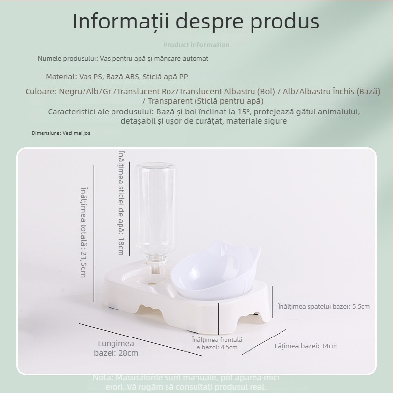 Distribuitor automat pentru apă și mâncare pentru animale de companie (pisici și câini); bol cu protecție pentru gât; ABS; set complet de alimentare automată; Greutate ~250 g; Brand Taiguang; Ambalare: bază + bol 50 buc./cutie; sticlă de băut 200 buc./cuti