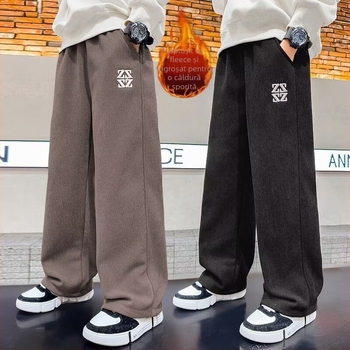 Pantaloni pentru băieți cu croială largă, căptușeală de fleece, din bumbac, casual sport pentru toamnă-iarnă 2025