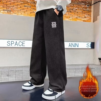 Pantaloni pentru băieți cu croială largă, căptușeală de fleece, din bumbac, casual sport pentru toamnă-iarnă 2025