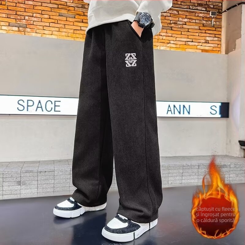 Pantaloni pentru băieți cu croială largă, căptușeală de fleece, din bumbac, casual sport pentru toamnă-iarnă 2025