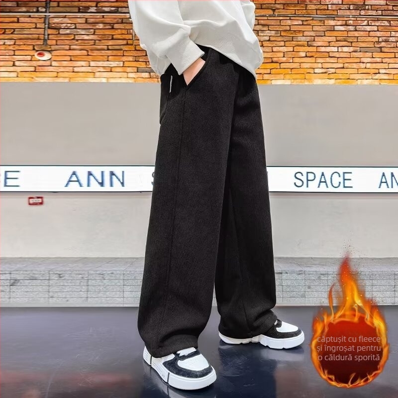 Pantaloni pentru băieți cu croială largă, căptușeală de fleece, din bumbac, casual sport pentru toamnă-iarnă 2025
