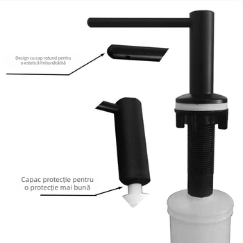 Dispenser de săpun pentru chiuvetă cu cap din oțel inoxidabil 304 și rezervor din plastic; Material: oțel inoxidabil 304 + plastic; Funcție: apăsare manuală; Stil: simplitate modernă; Finisaj: acoperire cu spray