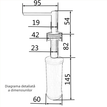 Dispenser de săpun pentru chiuvetă cu cap din oțel inoxidabil 304 și rezervor din plastic; Material: oțel inoxidabil 304 + plastic; Funcție: apăsare manuală; Stil: simplitate modernă; Finisaj: acoperire cu spray