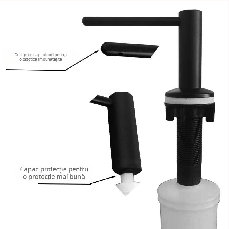 Dispenser de săpun pentru chiuvetă cu cap din oțel inoxidabil 304 și rezervor din plastic; Material: oțel inoxidabil 304 + plastic; Funcție: apăsare manuală; Stil: simplitate modernă; Finisaj: acoperire cu spray