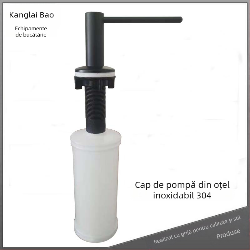 Dispenser de săpun pentru chiuvetă cu cap din oțel inoxidabil 304 și rezervor din plastic; Material: oțel inoxidabil 304 + plastic; Funcție: apăsare manuală; Stil: simplitate modernă; Finisaj: acoperire cu spray