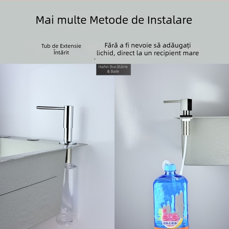Dispenser de lichid pentru chiuveta bucătărie, acționat prin apăsare — din oțel inoxidabil 304, finisaj electroplacat, stil modern minimalist, greutate 250 g