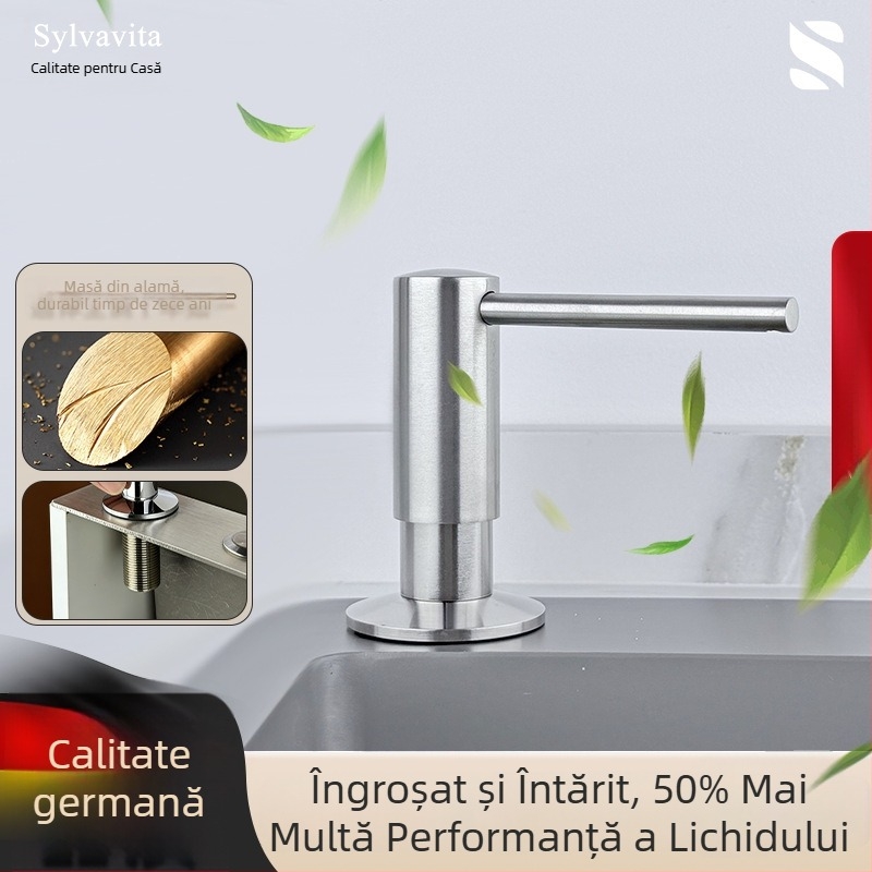 Dispenser de lichid pentru chiuveta bucătărie, acționat prin apăsare — din oțel inoxidabil 304, finisaj electroplacat, stil modern minimalist, greutate 250 g