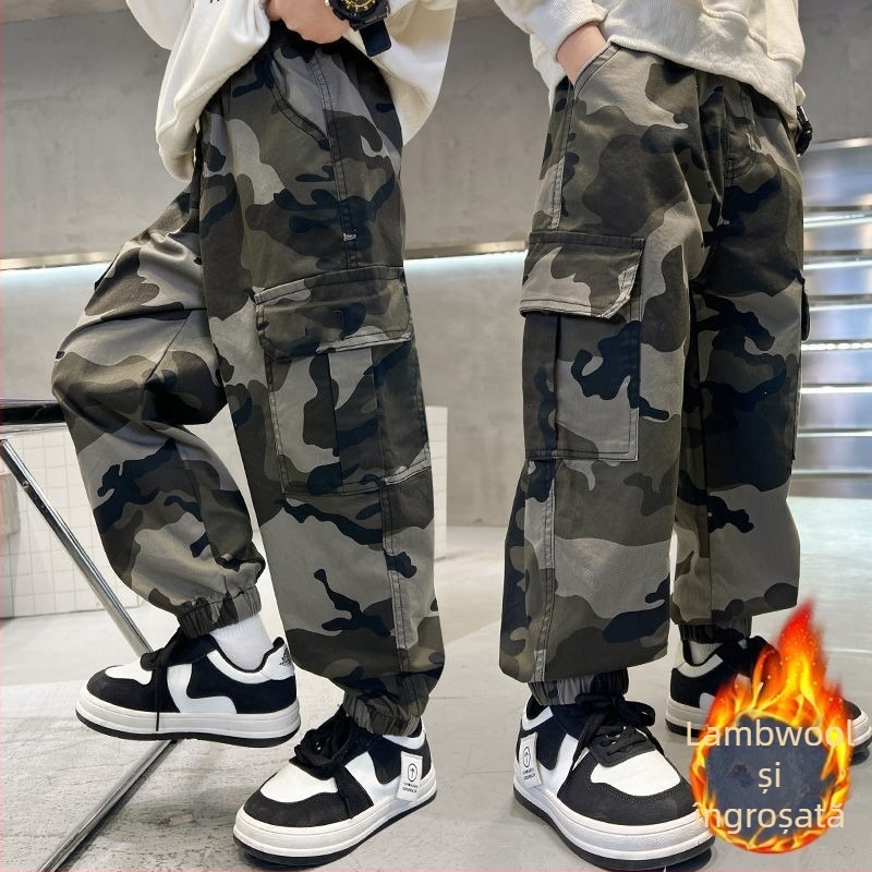 Pantaloni cargo pentru copii, poliester periat, 65% poliester, talie medie cu elastic, pentru copii 3–8 ani