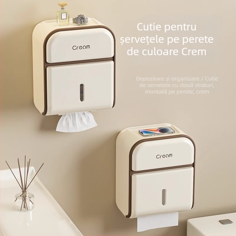 Suport de hârtie igienică montat pe perete, fără găuri, impermeabil, din plastic, stil minimalist modern