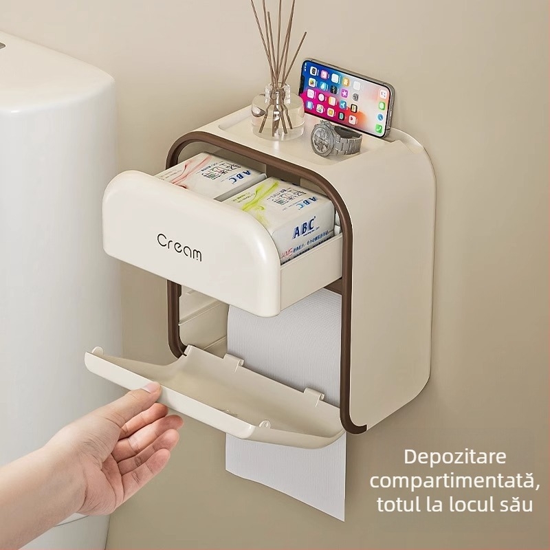 Suport de hârtie igienică montat pe perete, fără găuri, impermeabil, din plastic, stil minimalist modern