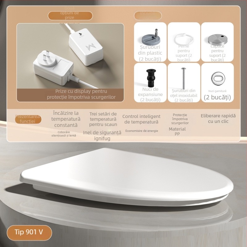 Capac de toaletă inteligent cu încălzire instantă, reglare temperatură în trei trepte, capac silențios cu închidere lină, model AV-6901, material PP