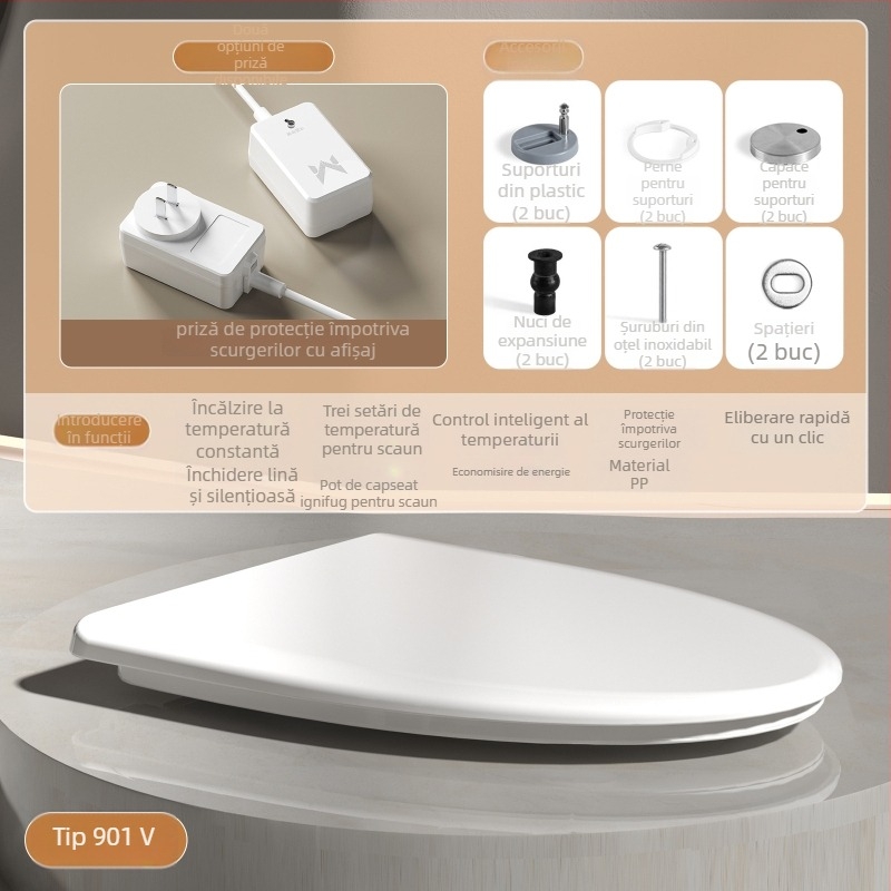 Capac de toaletă inteligent încălzit, reglare a temperaturii în trei niveluri și închidere silențioasă a capacului, model Av-6901, material PP