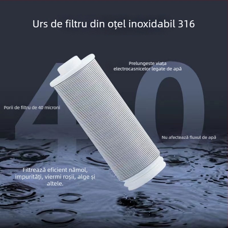 Filtru frontal de apă pentru alimentarea casei — ABS + oțel inoxidabil, Model Front 01, elimină impurități mari din apă și protejează electrocasnicele (intrarea apei la boiler, mașina de spălat, toaletă inteligentă)