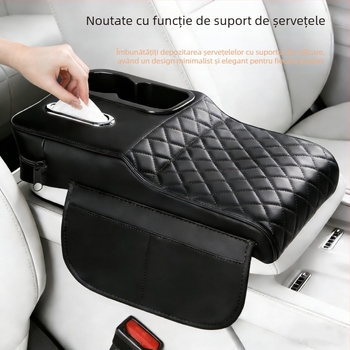 Perna de ridicare a cotierului auto din piele, cu suport pentru șervețele și suport pentru pahare – organizator central de depozitare universal, rezistent la pete, suport pentru cot pentru relaxarea oboselii