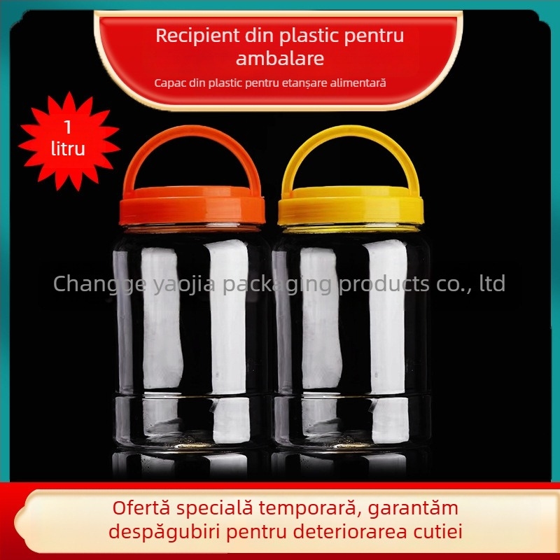 Borcan plastic gol, gură largă, PET, cu capac din plastic, pentru depozitare alimentară