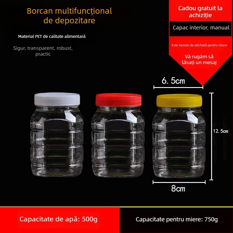 Borcan plastic gol, gură largă, PET, cu capac din plastic, pentru depozitare alimentară