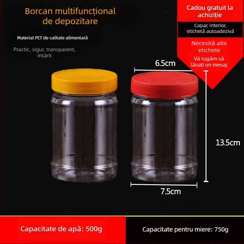 Borcan plastic gol, gură largă, PET, cu capac din plastic, pentru depozitare alimentară