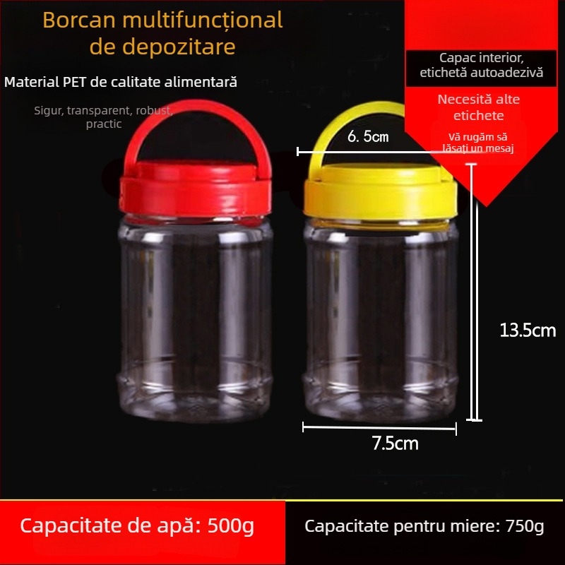 Borcan plastic gol, gură largă, PET, cu capac din plastic, pentru depozitare alimentară