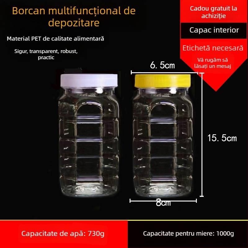 Borcan plastic gol, gură largă, PET, cu capac din plastic, pentru depozitare alimentară