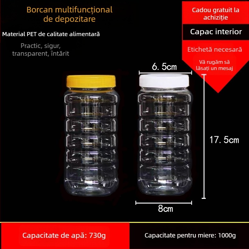 Borcan plastic gol, gură largă, PET, cu capac din plastic, pentru depozitare alimentară