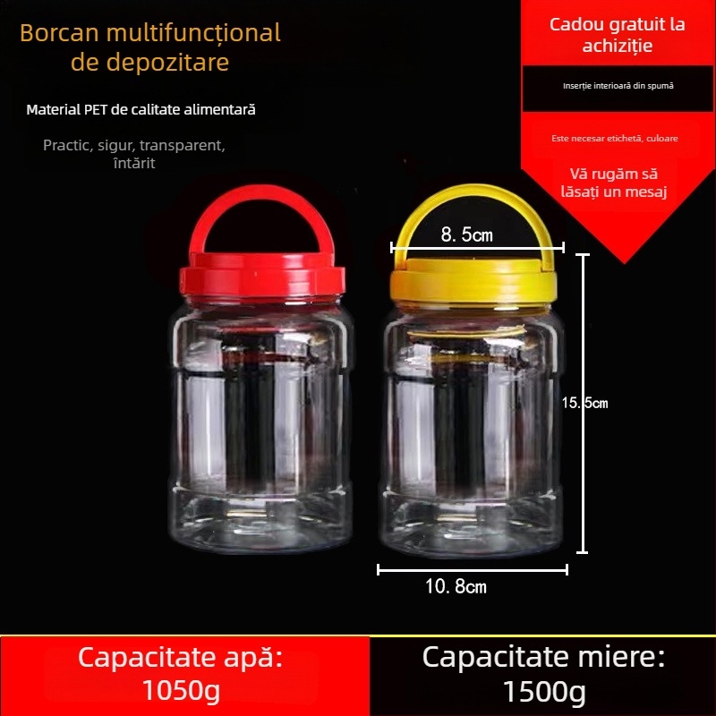 Borcan plastic gol, gură largă, PET, cu capac din plastic, pentru depozitare alimentară