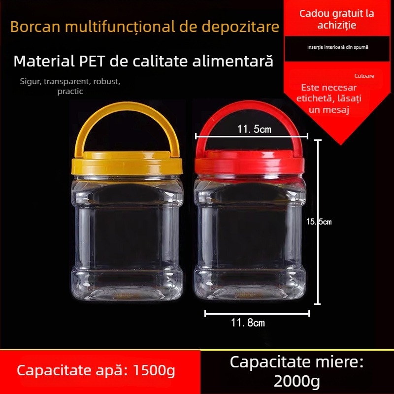 Borcan plastic gol, gură largă, PET, cu capac din plastic, pentru depozitare alimentară