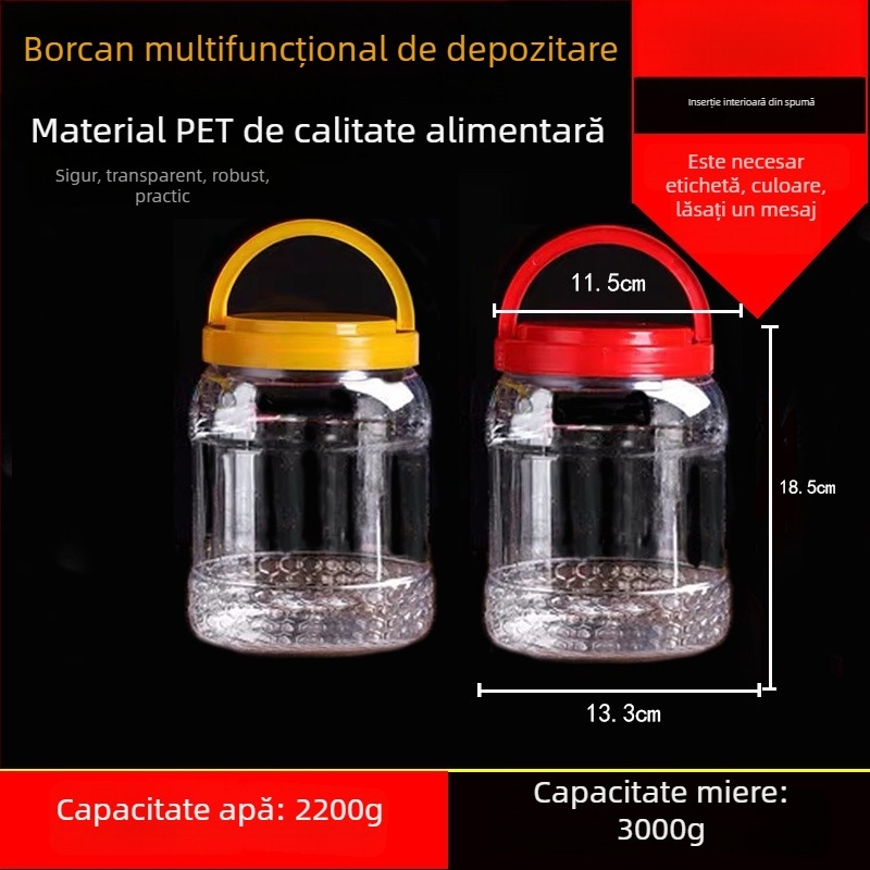 Borcan plastic gol, gură largă, PET, cu capac din plastic, pentru depozitare alimentară