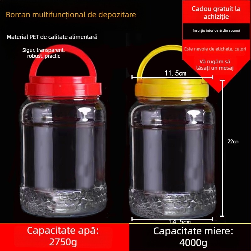 Borcan plastic gol, gură largă, PET, cu capac din plastic, pentru depozitare alimentară