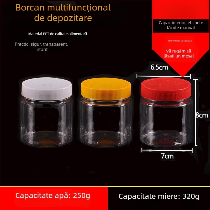 Borcan plastic gol, gură largă, PET, cu capac din plastic, pentru depozitare alimentară
