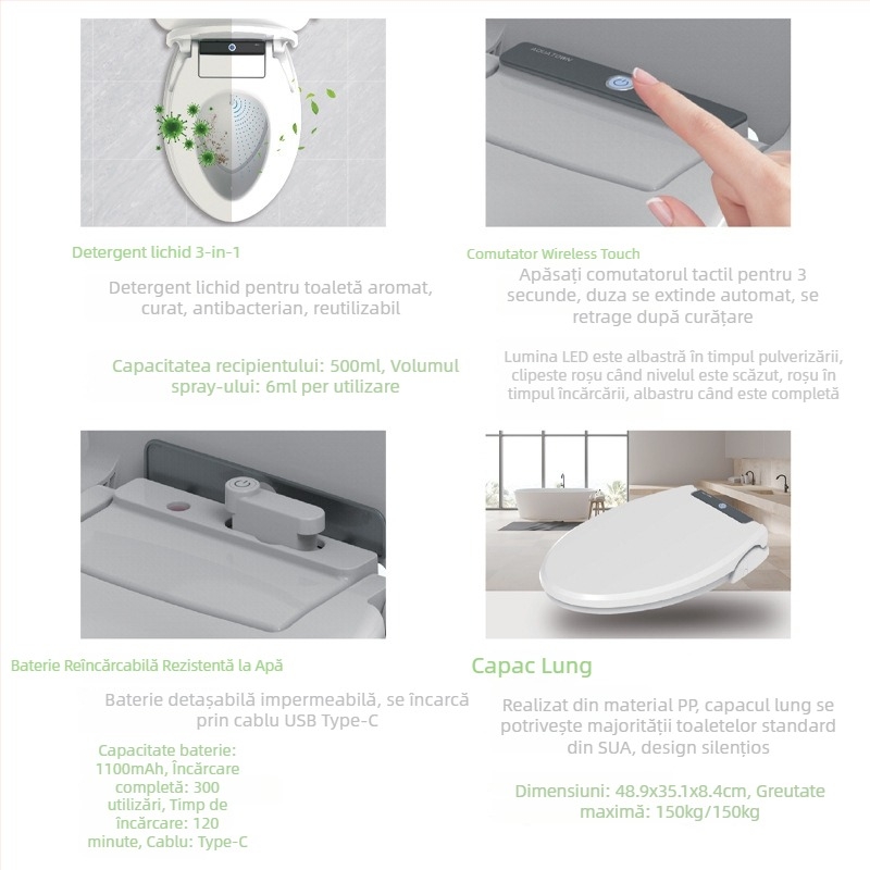 Capac de toaletă inteligent - aromatizare, curățare și sterilizare; material PP; distanță găuri reglabilă 134-180 mm; baterie reîncărcabilă, impermeabilă; rezervor de curățare 500 ml.