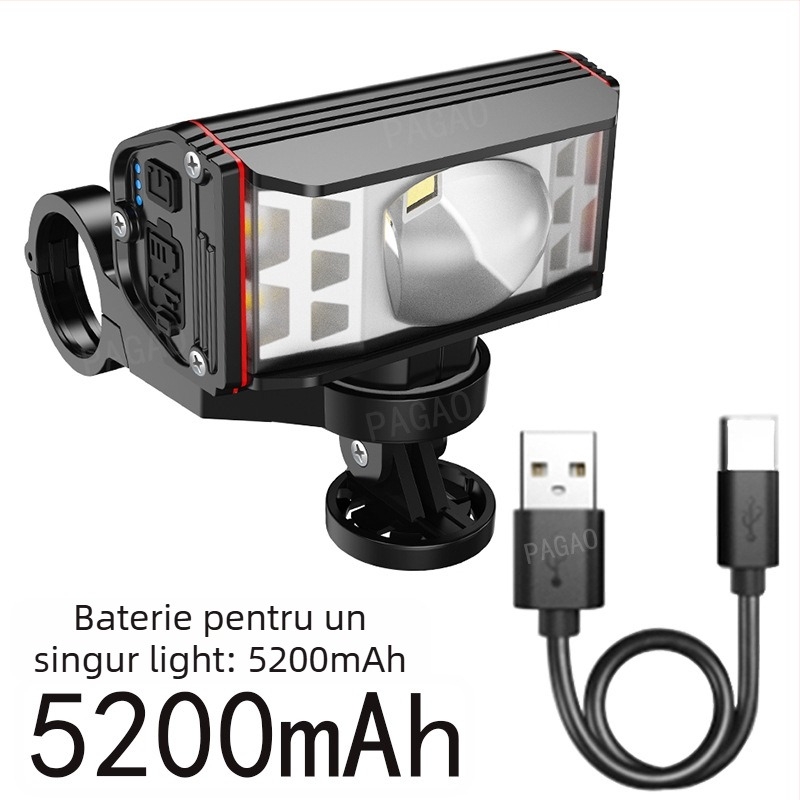 PAGAO Far pentru bicicletă de munte din aliaj de aluminiu – luminozitate înaltă, încărcare USB-C, 5200mAh, montaj prin agățare, pentru off-road