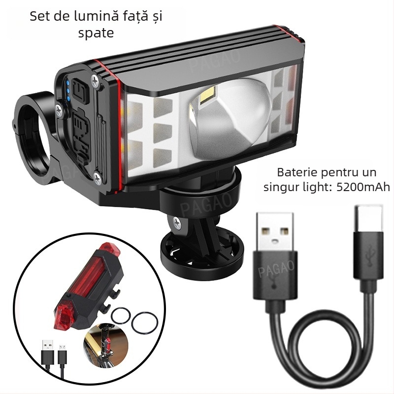 PAGAO Far pentru bicicletă de munte din aliaj de aluminiu – luminozitate înaltă, încărcare USB-C, 5200mAh, montaj prin agățare, pentru off-road