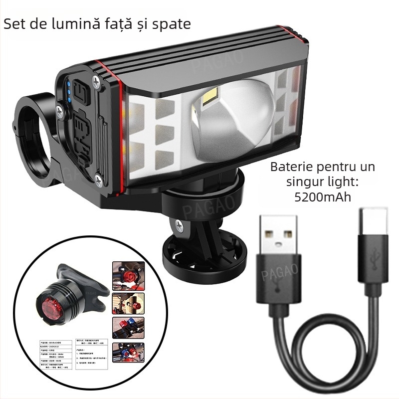 PAGAO Far pentru bicicletă de munte din aliaj de aluminiu – luminozitate înaltă, încărcare USB-C, 5200mAh, montaj prin agățare, pentru off-road
