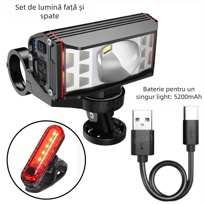 PAGAO Far pentru bicicletă de munte din aliaj de aluminiu – luminozitate înaltă, încărcare USB-C, 5200mAh, montaj prin agățare, pentru off-road