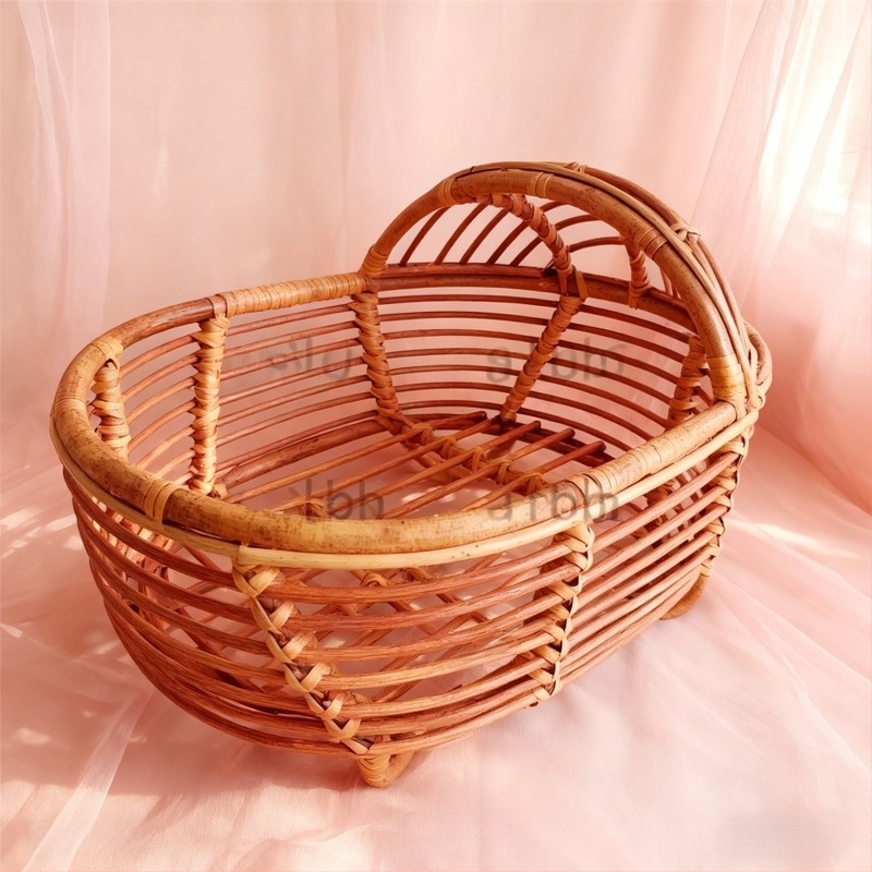 Coș pentru bebeluși - ședințe foto, design retro din ratan, material poliester-bumbac; greutate 0,977 kg; potrivit pentru fotografie de peisaj