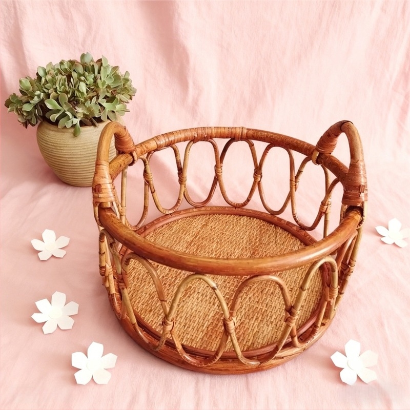 Coș pentru bebeluși - ședințe foto, design retro din ratan, material poliester-bumbac; greutate 0,977 kg; potrivit pentru fotografie de peisaj