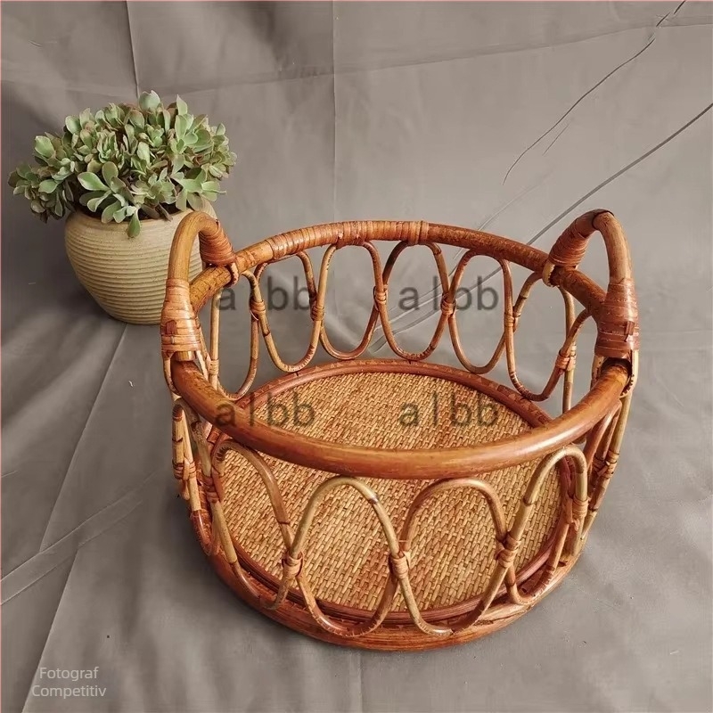 Coș pentru bebeluși - ședințe foto, design retro din ratan, material poliester-bumbac; greutate 0,977 kg; potrivit pentru fotografie de peisaj